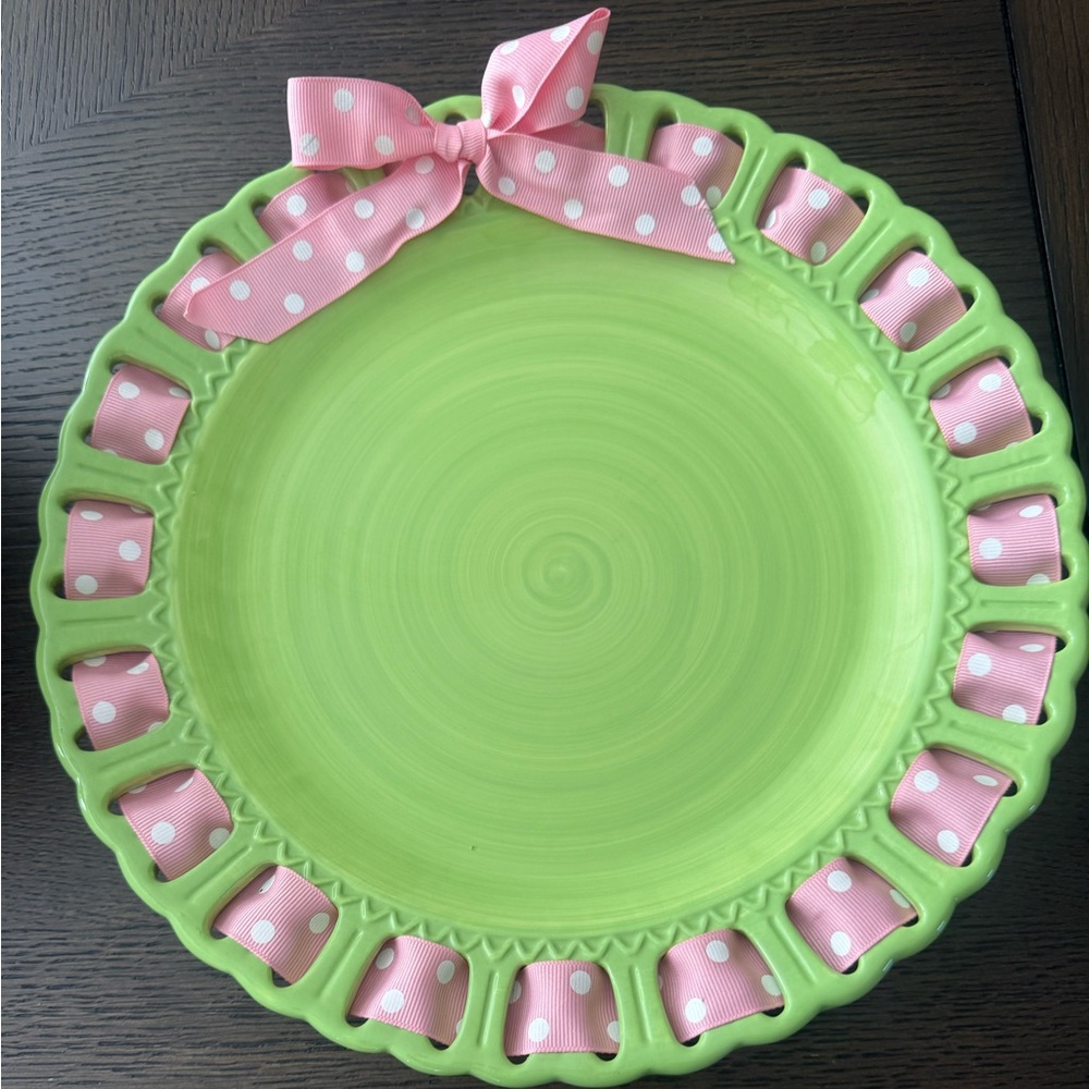 Tassi's  Platter -UNUSED - Beautiful green with pink ribbon